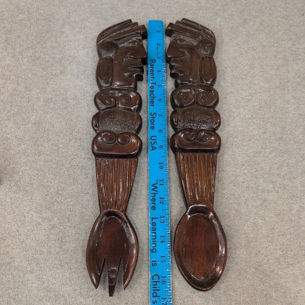 Vintage Hand Carved Wood Tribal Fork and Spoon Wall Art Set Dark Brown Decor‎